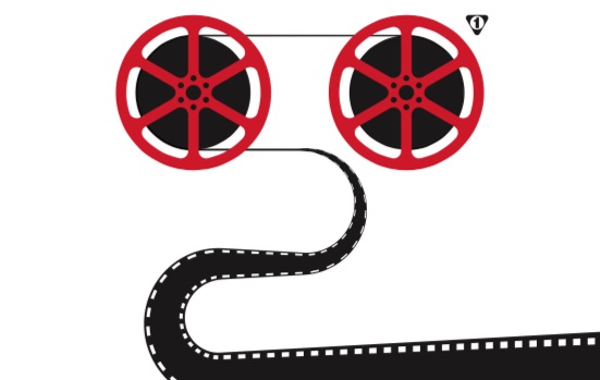 Grafika promująca program Pierwszy Film. Przedstawia taśmę filmową i dwie szpule.