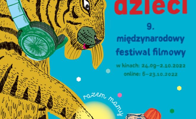 Grafika promująca festiwal Kino Dzieci. Rysunek przedstawia tygrysa witającego się z mniejszym ssakiem, na niebieskim tle.