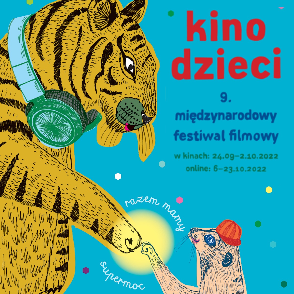 Grafika promująca festiwal Kino Dzieci. Rysunek przedstawia tygrysa witającego się z mniejszym ssakiem, na niebieskim tle.