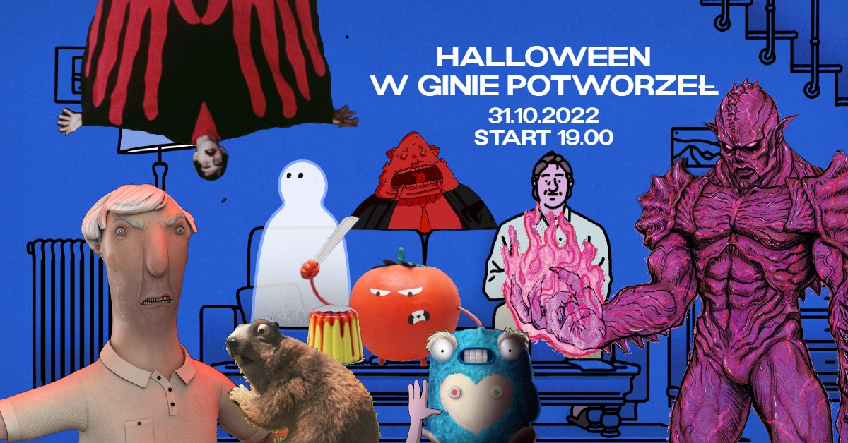 Grafika promująca przegląd halloweenowy, przedstawiająca różne groteskowe postaci z filmów grozy.