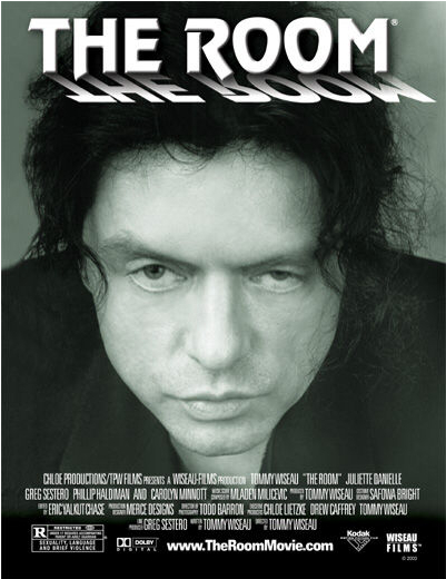 Plakat filmu The Room. Czarno-biały plakat. Mężczyzna w ciemnych długich włosach patrzy w obiektyw.