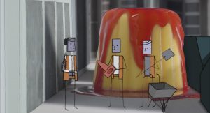 Kadr z filmu animowanego. Trzy szare, kanciaste postacie, jedna trzyma piłę, druga łopatę. Za postaciami ogromnych rozmiarów deser z polewą owocową.