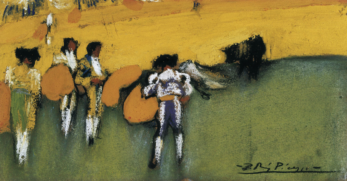 Kadr z filmu. Obraz wykonany pastelami, przedstawia czterech torreadorów i byka.