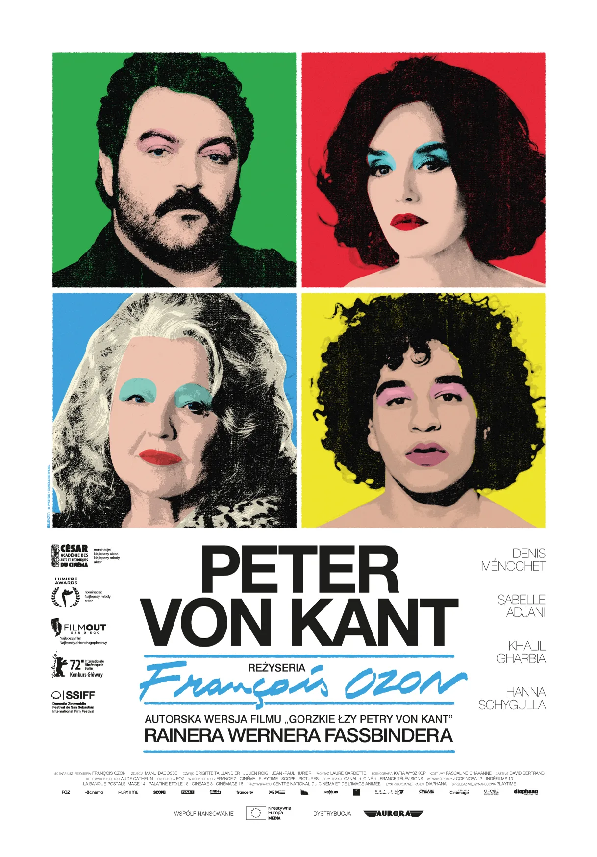 Plakat wykonany w stylu pop art. W kwadracie cztery kwadratowe portrety. Na zielonym tle mężczyzna w średnim wieku, z brodą i wąsami, włosy ciemne. Na czerwonym tle kobieta w średnim wieku, włosy ciemne, do ramion, oczy pomalowane na turkusowo, na ustach czerwona szminka. Na niebieskim tle starsza kobieta, ma jasne, długie włosy, oczy pomalowane na turkusowo, na ustach czerwona szminka. Na żółtym tle młody chłopak z kręconymi włosami, usta i oczy ma pomalowane na jasny róż.
