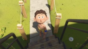 Kadr z filmu animowanego. Chłopiec widziany z perspektywy ptasiej, stoi przed drewnianymi schodami, ma zatroskany wyraz twarzy.