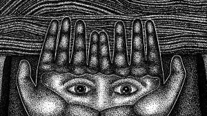 Czarno-biały kadr z filmu animowanego. Dwie połączone dłonie, zwrócone wnętrzami do góry. Na nich leży kawałek twarzy z oczyma.
