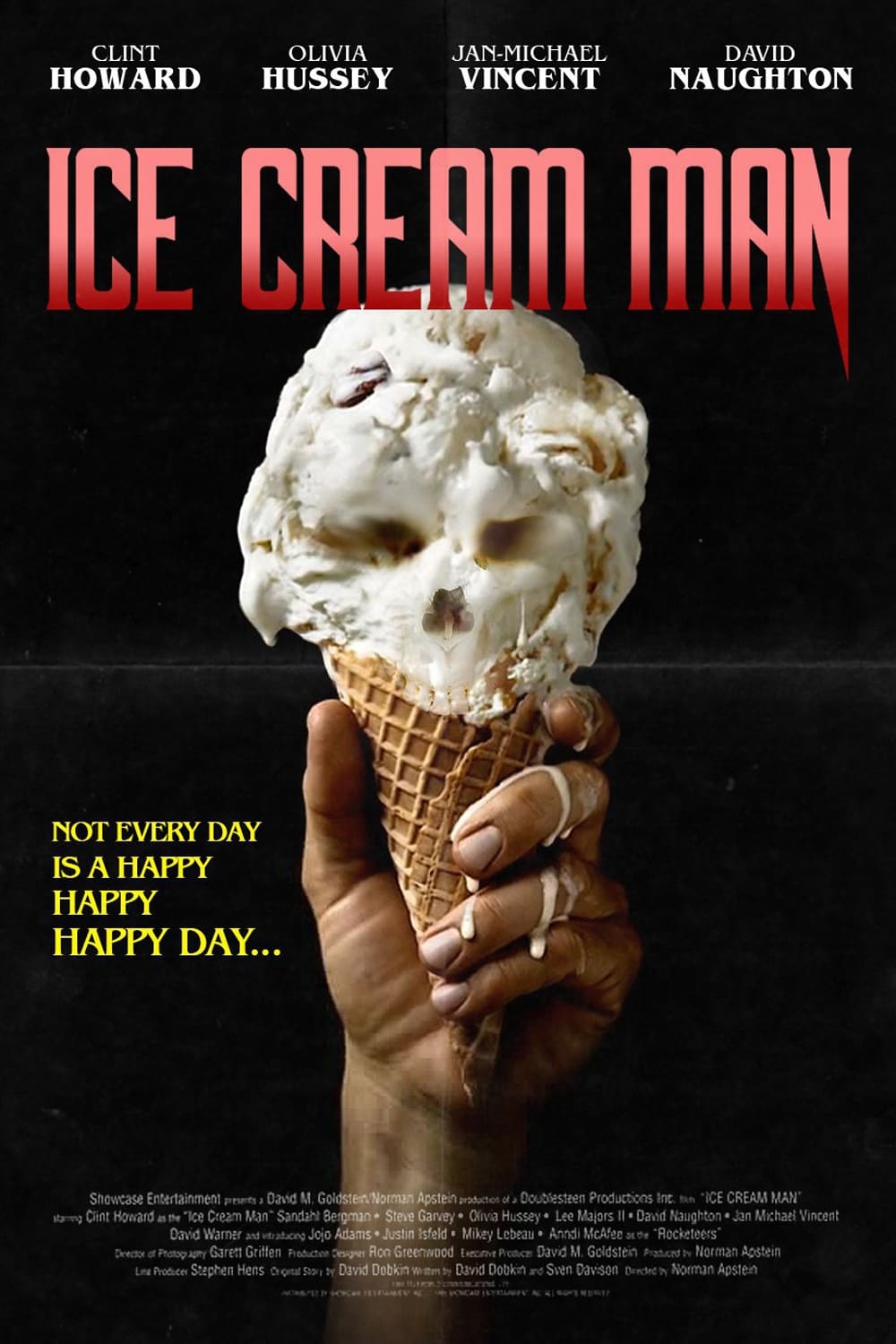 Plakat promujący film. Dłoń trzymająca lody w wafelku. Masa w kolorze białym układa się w kształt czaszki ludzkiej.