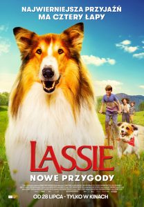 Plakat promujący film. Pies, w tle góry i łąka, na niej trójka dzieci i drugi pies.