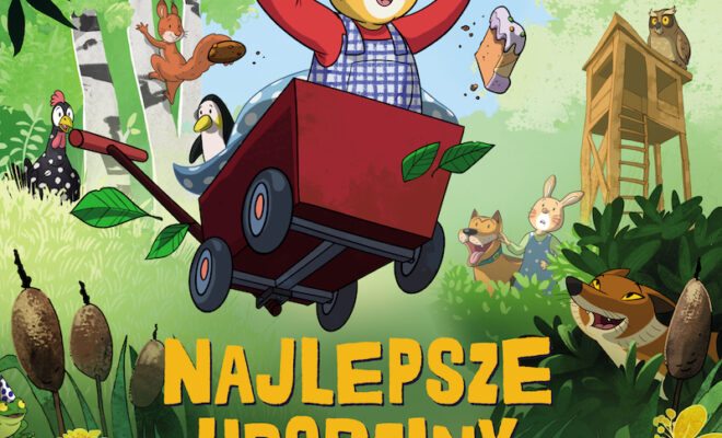 Plakat promujący film "Najlepsze urodziny królika Karola". Królik w czerwonym wózku, unosi się w powietrzu, unosząc w górę ręce. W tle las i inne zwierzęta.