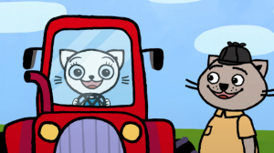 Kadr z filmu animowanego. Biała kicia w czerwonym samochodzie, trzyma kierownicę i uśmiecha się. Obok stoi starszy od niej brązowy kotek.