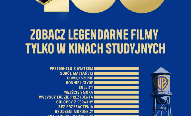 Plakat promujący 100-lecie Warner Bros. Grafika złoto-niebieska z tytułami filmów prezentowanych w ramach cyklu.