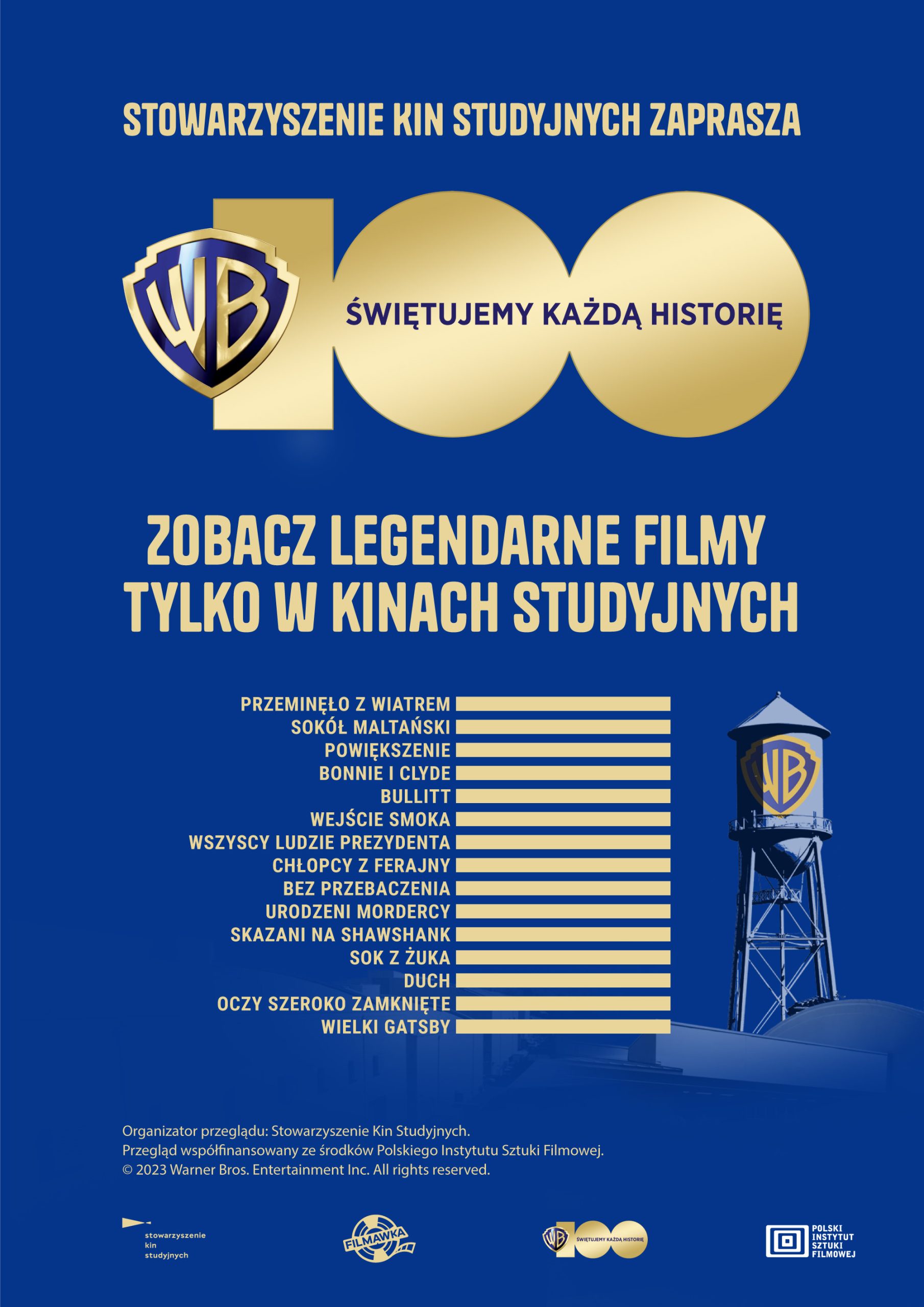 Plakat promujący 100-lecie Warner Bros. Grafika złoto-niebieska z tytułami filmów prezentowanych w ramach cyklu.