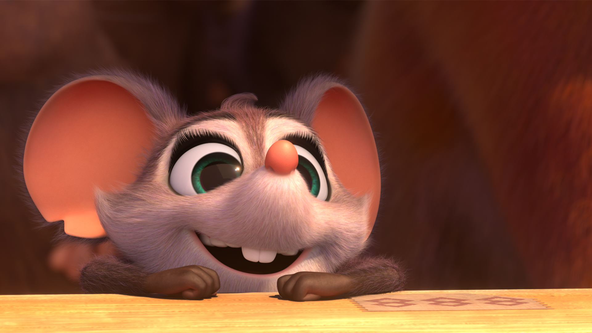 Kadr z filmu animowanego. Portret uśmiechniętej myszy,