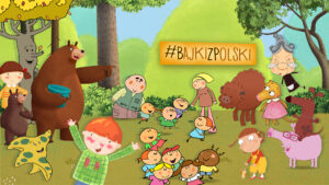 Grafika promująca filmy animowane. Na łące grupa różnych postaci z bajek.