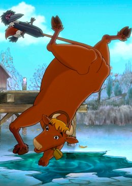 kadr z filmu animowanego. Krowa stojąca na przednich kopytach