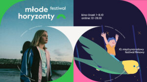 Grafika promująca festiwal. Dwa obrazki obok siebie: dziewczyna w bluzie, z deskorolką na plecach oraz chłopiec lecący na ptaku.