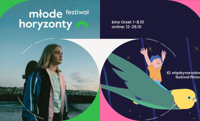 Grafika promująca festiwal. Dwa obrazki obok siebie: dziewczyna w bluzie, z deskorolką na plecach oraz chłopiec lecący na ptaku.