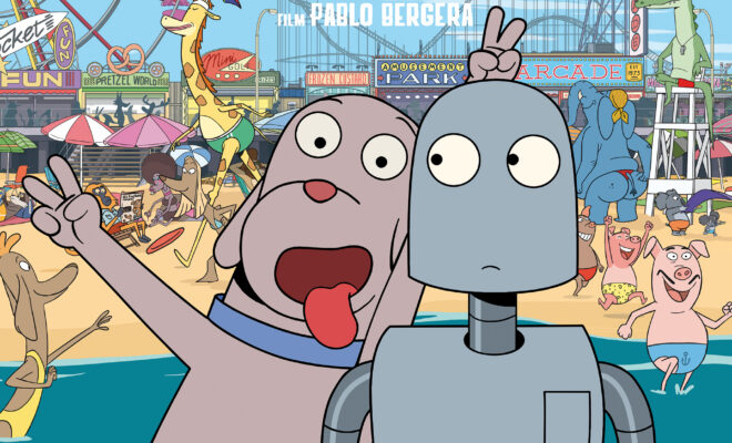 plakat. rysunek, robot i pies w wodzie, w tle wesołe miasteczko.