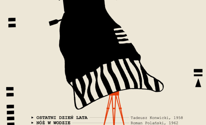 plakat, kształt okrytej płachtą kamery filmowej