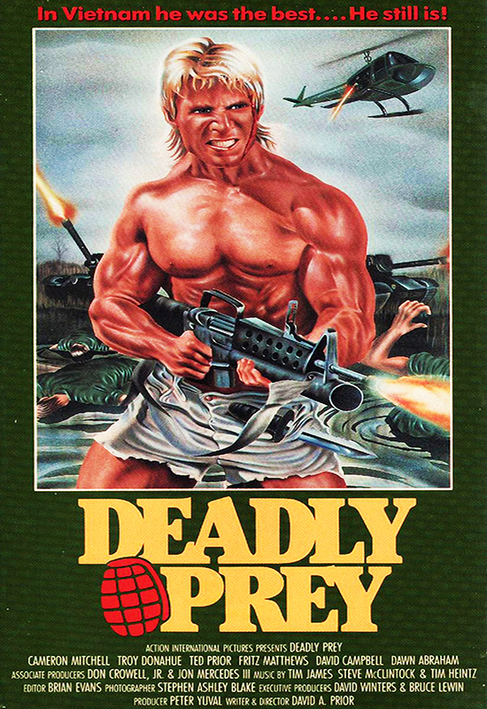 plakat - muskularny mężczyzna z jasnymi włosami, z bronią maszynową
