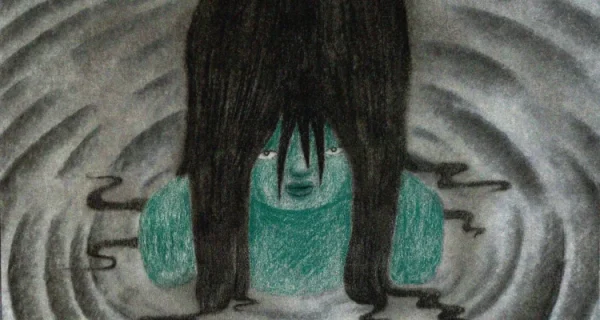 szkic. dziewczyna o zielonej cerze, z długimi czarnymi włosami, w wodzie