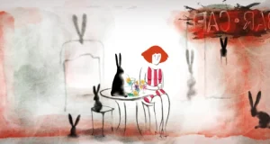 dziewczyna, ruda, przy stole. obok niej kilka czarnych królików