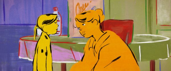 kadr z animacji. dwie pomarańczowe postaci - kobieta i dziewczynka - na kolorowym tle - na tle mieszkania. rozmawiają