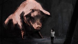 kadr z animacji. wielka świnia, obok postać kobiey.