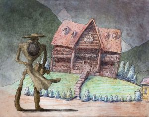 kadr z animacji. mężczyzna, kowboj, stoi na wprost domu ogrodzonego kamiennym murkiem