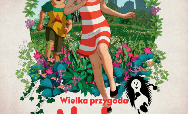 plakat filmu animowanego. dziewczynka z rudymi włosami w sukience w czerwone paski biegnie, za nią chłopiec, wokół nich kwiaty i łąka.