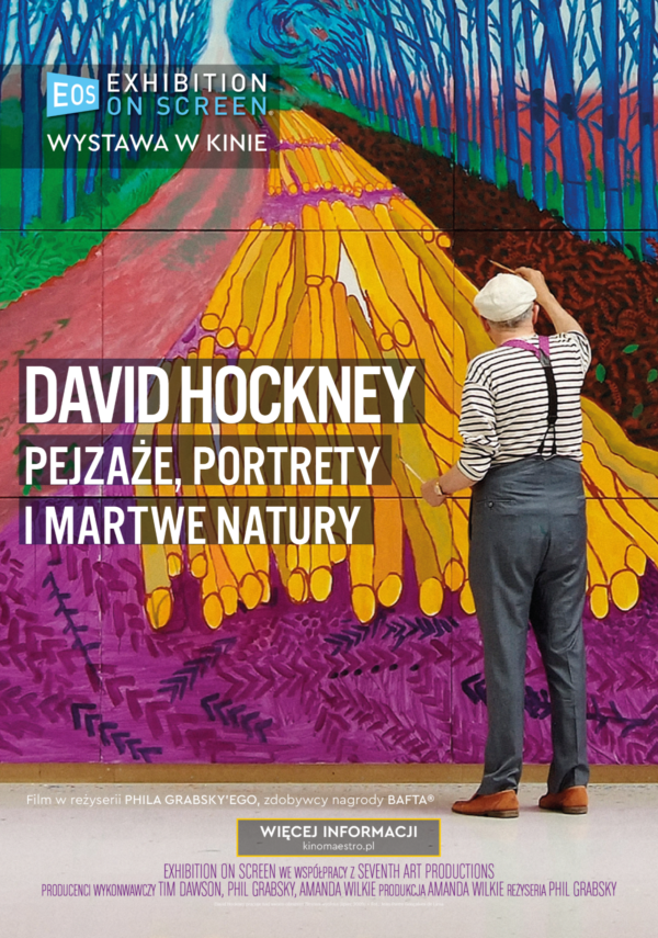 plakat. mężczyzna zwrócony do widza tyłem, w szarych spodniach na szelkach, pasiastej bluzie, maluje kolorowy wielkoformatowy obraz