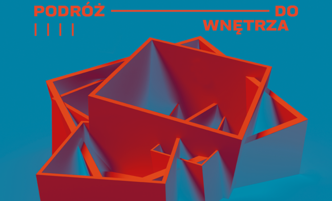 plakat - grafika. przedstawia zazębiające sie szufladki w kolorze czerwonym na niebieskim tle.