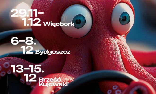 grafika - zbliżenie na oczy i fragment głowy czerwonej ośmiornicy