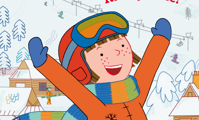 plakat. kadr z filmu animowanego. dziewczynka w goglach, pomarańczowej kurtce zimowej, czapce, niebieskich rękawiczkach, unosi ręce do góry, śmiejąc się. w tle śnieg, góry, narciarze.