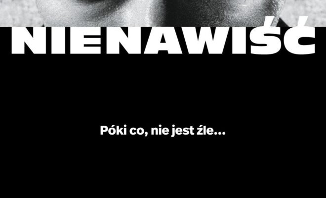 plakat. oczy mężczyzny. poniżej kadry przedstawiające grupy ludzi, zamieszki