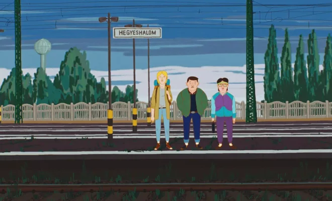 peron kolejowy, na nim 3 chłopaków. Kadr z filmu animowanego