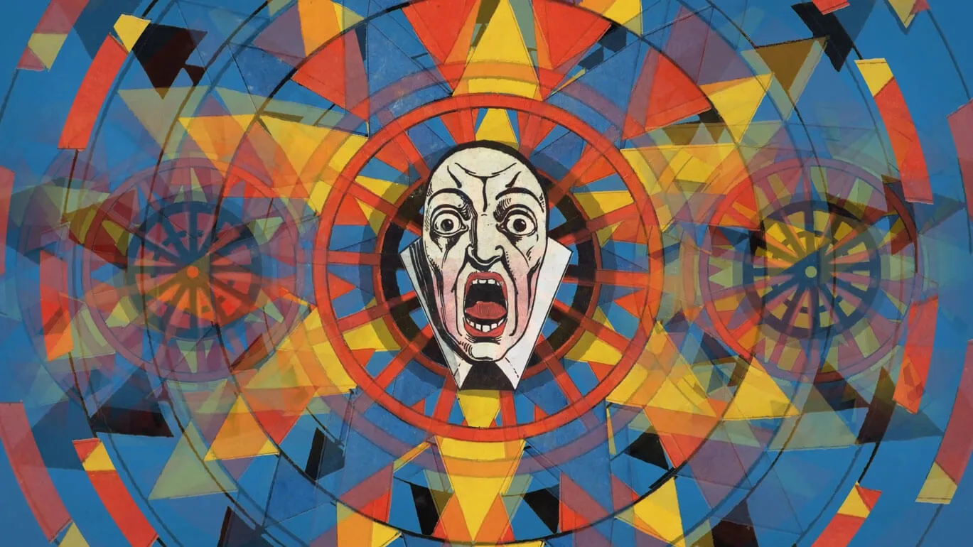 Ilustracja przedstawia wykrzywioną w krzyku twarz w centrum kompozycji, otoczoną dynamicznymi, geometrycznymi wzorami w kształcie kół i trójkątów. Dominują intensywne kolory – czerwony, żółty, niebieski i czarny – które tworzą hipnotyzujący, kalejdoskopowy efekt. Styl jest ekspresyjny i abstrakcyjny, z silnym naciskiem na emocje i ruch.