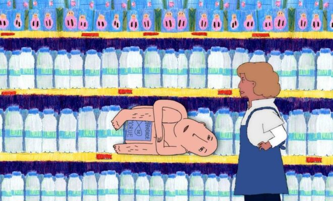 Na ilustracji widać półki supermarketu wypełnione butelkami mleka z napisem "LAIT". Pomiędzy nimi, na jednej z półek, leży skulona naga postać z puszką oznaczoną "Brandade de Morue" (potrawa z solonego dorsza). Obok stoi kobieta w niebieskim fartuchu, prawdopodobnie pracownica sklepu, patrząc na postać z ręką opartą na biodrze. Styl rysunku jest kreskówkowy, z intensywnymi, ręcznie rysowanymi kolorami.