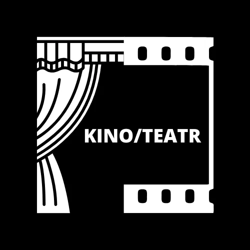 logotyp projektu kino/teatr. kurtyna połączona z ramką taśmy filmowej