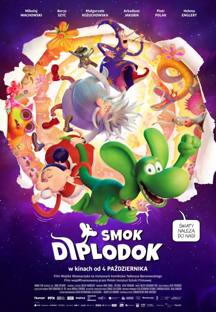 zielony latający smok, w tle wirujące w kole inne postaci z animacji