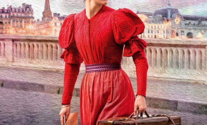 Plakat filmowy przedstawia kobietę w stroju z przełomu XIX i XX wieku, stojącą na tle paryskiego krajobrazu z widoczną Wieżą Eiffla. Kobieta ubrana jest w czerwoną suknię i kapelusz, trzyma walizki, co sugeruje podróż. Na plakacie widnieje tytuł filmu „Pewnego razu w Paryżu”, a także informacja, że film wejdzie do kin 11 lipca. Znajduje się również cytat pochwalny oraz logo Festiwalu Filmowego w Cannes.
