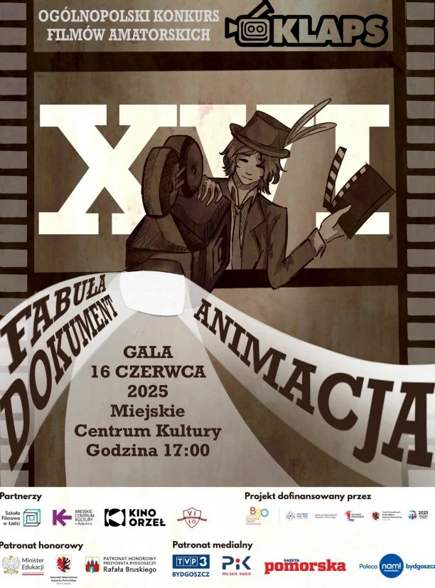 Plakat promujący XIII Ogólnopolski Konkurs Filmów Amatorskich KLAPS. Na grafice postać w cylindrze, w kamerą i klapsem filmowym.