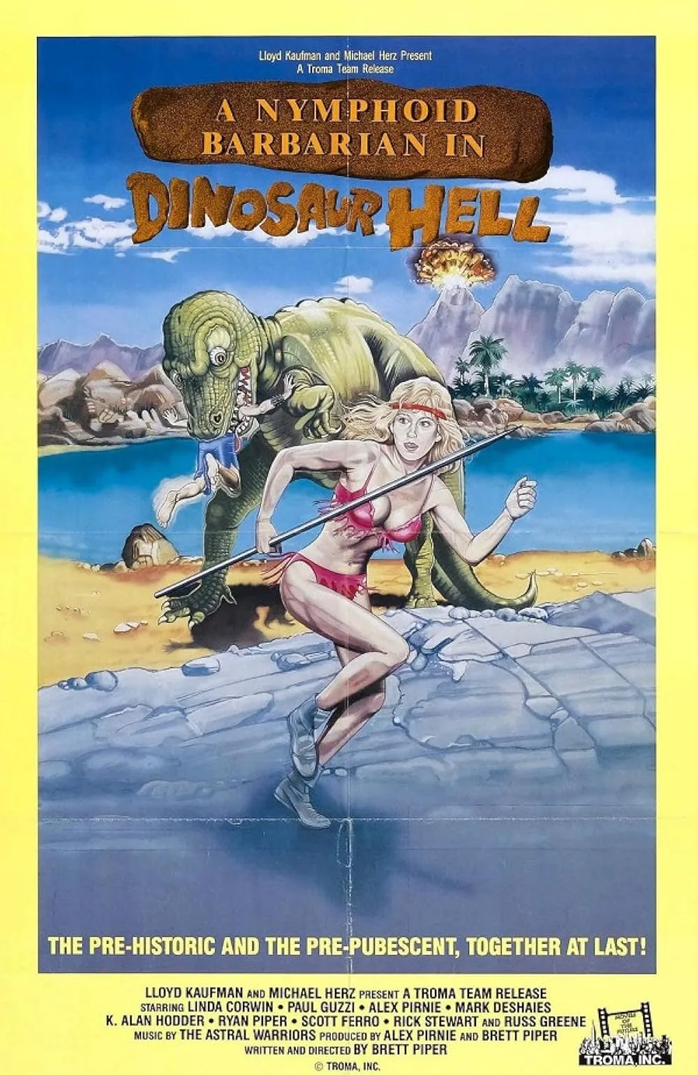Rysunkowy plakat filmu przedstawia półnagą blondynkę z dzidą uciekającą przed zielonym dinozaurem pożerającym człowieka. W tle tropikalny krajobraz, góry, palmy i eksplozja atomowa. Tytuł filmu i slogan widoczne są na górze i dole plakatu.