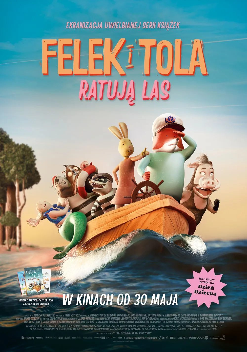 plakat. na morzu statek pełen zwierzaków: m.in. mysz, zając, dzik i lis jako kapitan.