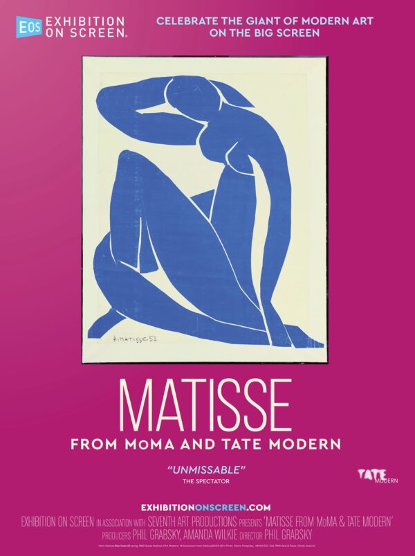 plakat. na fuksjowym tle grafika przedstawiająca siedzącą sylwetkę kobiecą - obraz Matisse'a