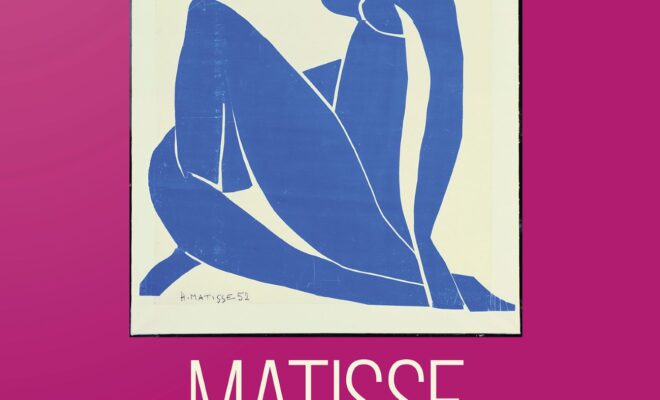plakat. na fuksjowym tle grafika przedstawiająca siedzącą sylwetkę kobiecą - obraz Matisse'a