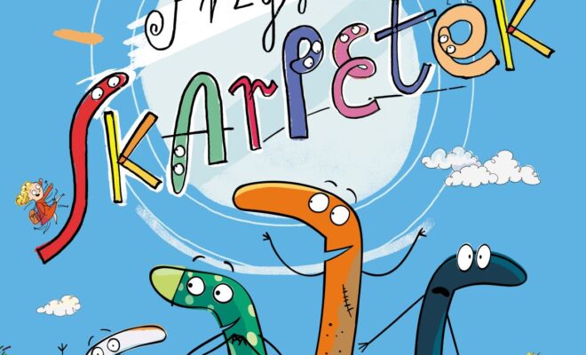 Plakat filmowy z tytułem „Niesamowite przygody skarpetek” w kolorowej, dziecięcej czcionce. Na środku plakatu widnieją kreskówkowe skarpetki z oczami i rękami, ustawione na tle niebieskiego nieba i żółtego piasku z zieloną trawą. W tle pojawia się pralka, chmurki i dzieci bawiące się na łące. W dolnej części plakatu znajduje się informacja o dacie premiery: „W kinach od 25 kwietnia” oraz informacja, że jest to filmowa adaptacja lektury szkolnej. Po prawej stronie pokazano książki z serii, na której oparto film. Styl graficzny jest kolorowy, wesoły i przyjazny dla dzieci.