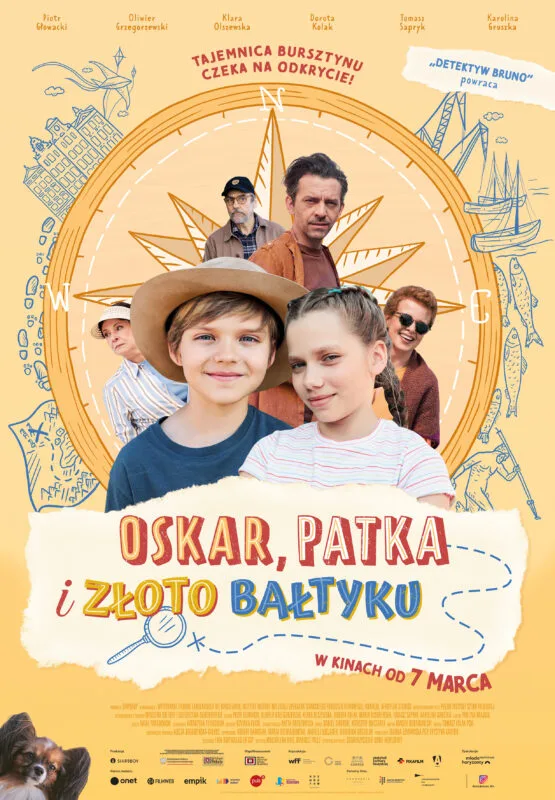 Plakat. chłopiec w słomkowym kapeluszu i dziewczynka z 2 warkoczami, w tle kilka postaci dorosłych i róża wiatrów.