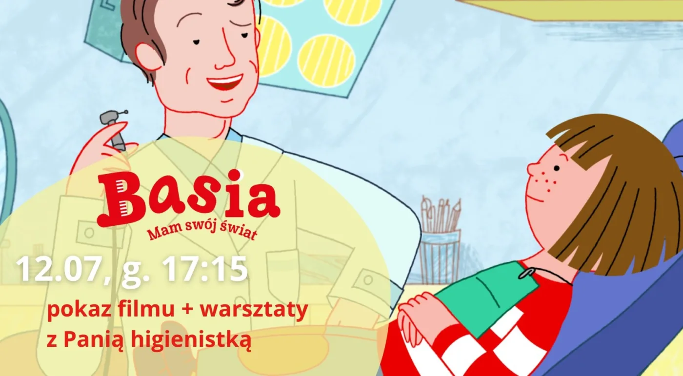 kadr z animacji, dziewczyna na fotelu dentystycznym, widać lampy w gabinecie, szafkę, przybory dentysty, obok uśmiechnięty mężczyzna w kitlu.