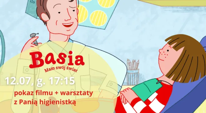 kadr z animacji, dziewczyna na fotelu dentystycznym, widać lampy w gabinecie, szafkę, przybory dentysty, obok uśmiechnięty mężczyzna w kitlu.